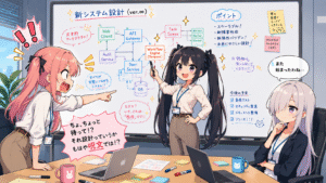 会議室で３人で議論している様子のイラスト